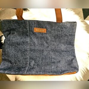 Guess Denim Tote Bag with Brown Handles